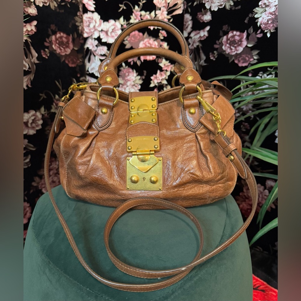 Authentic Miu Miu Side Ribbon 2 Way Warm Brown Le… - image 2